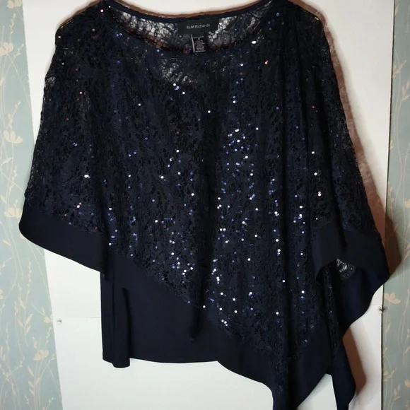R & M Richards Dark Blue Pantsuit With Sequinned Poncho Size 8 - Picture 7 of 11